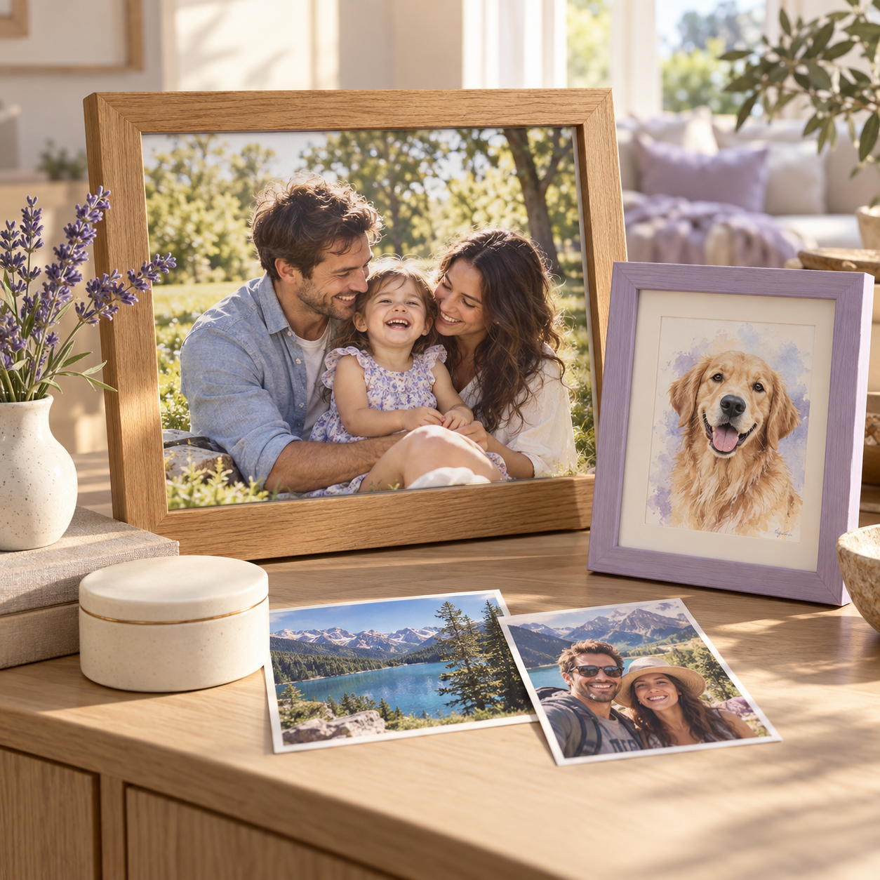 Family photographs, a watercolor dog portrait and travel snapshots arranged together on a home console
