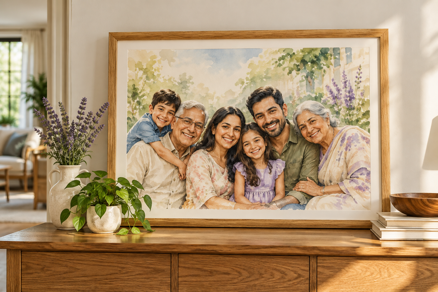 A watercolor family portrait in an oak frame on a bright home console