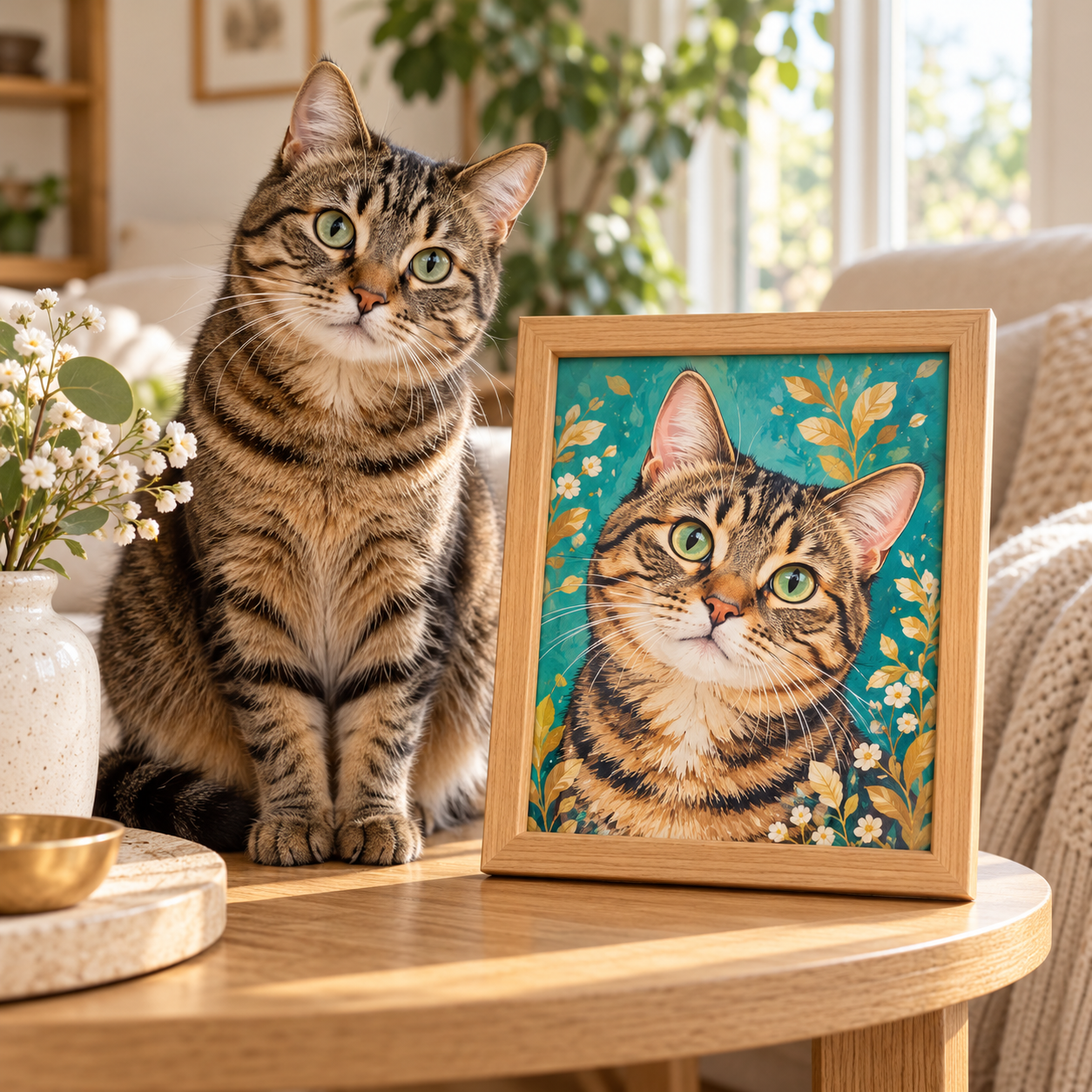 A tabby cat beside a colorful framed illustrated portrait of itself