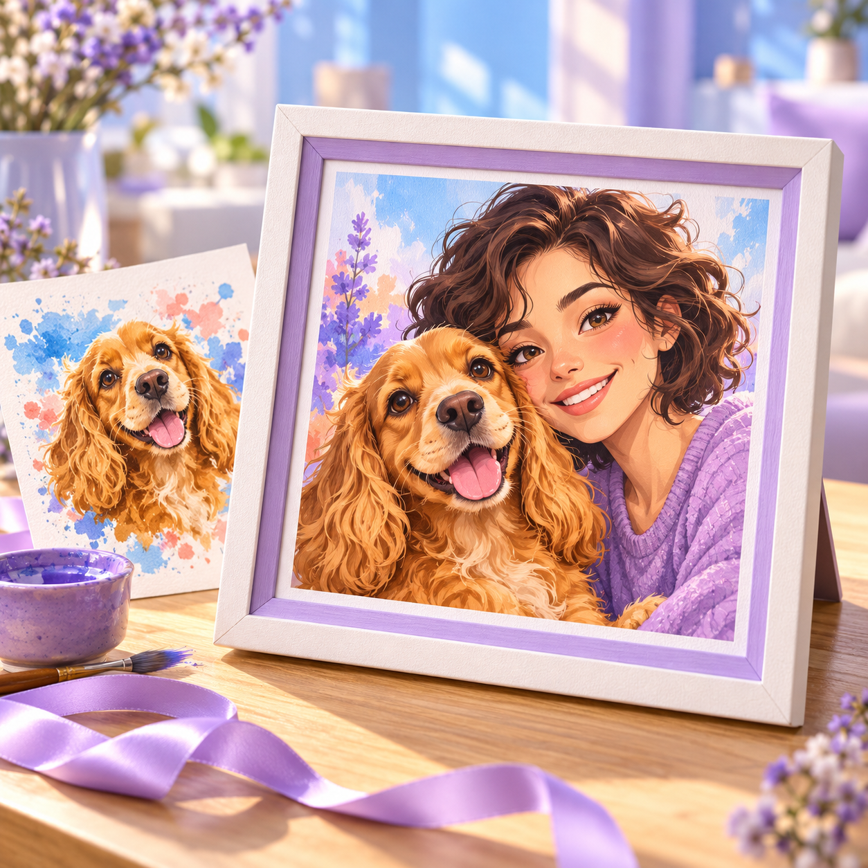 A framed cartoon portrait of a woman and her spaniel, with a watercolor pet print and lavender ribbon