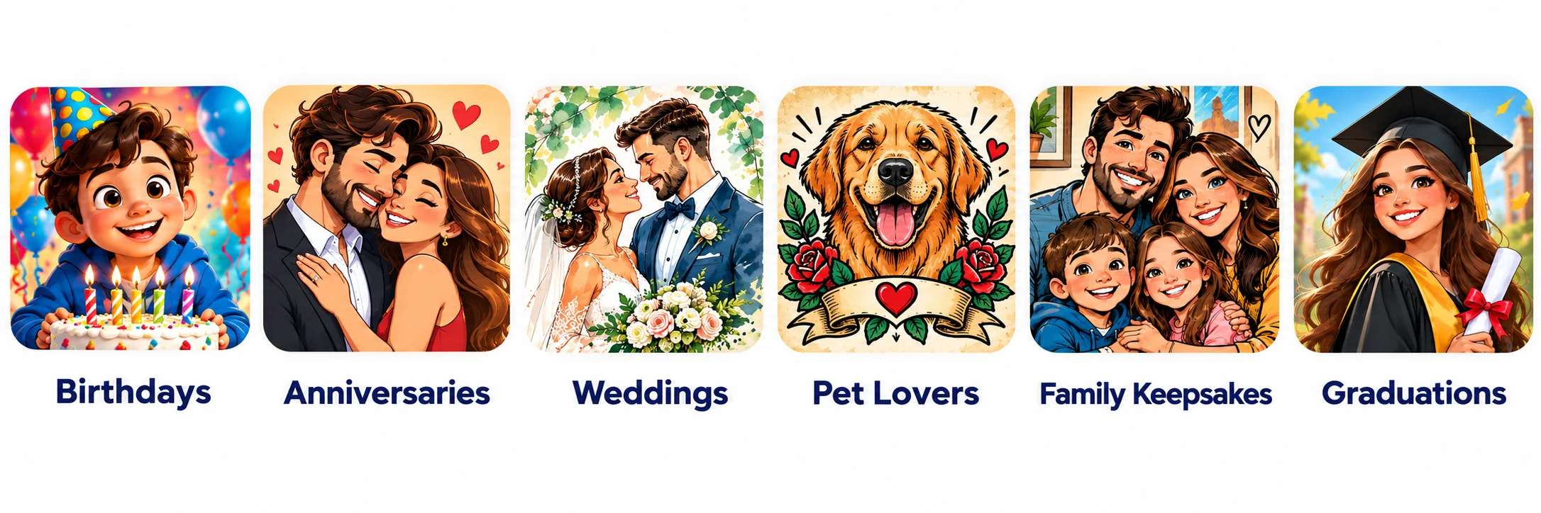 Examples for birthdays, anniversaries, weddings, pet lovers, family keepsakes and graduations