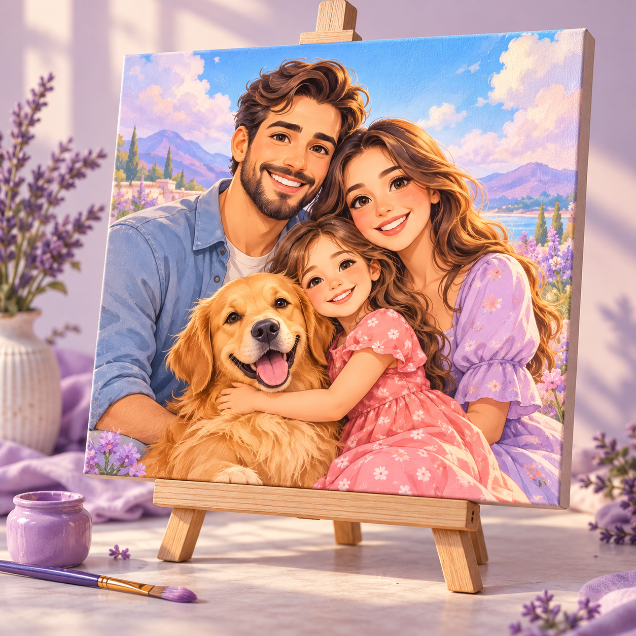A cheerful cartoon family and their golden retriever on a canvas displayed on a wooden easel