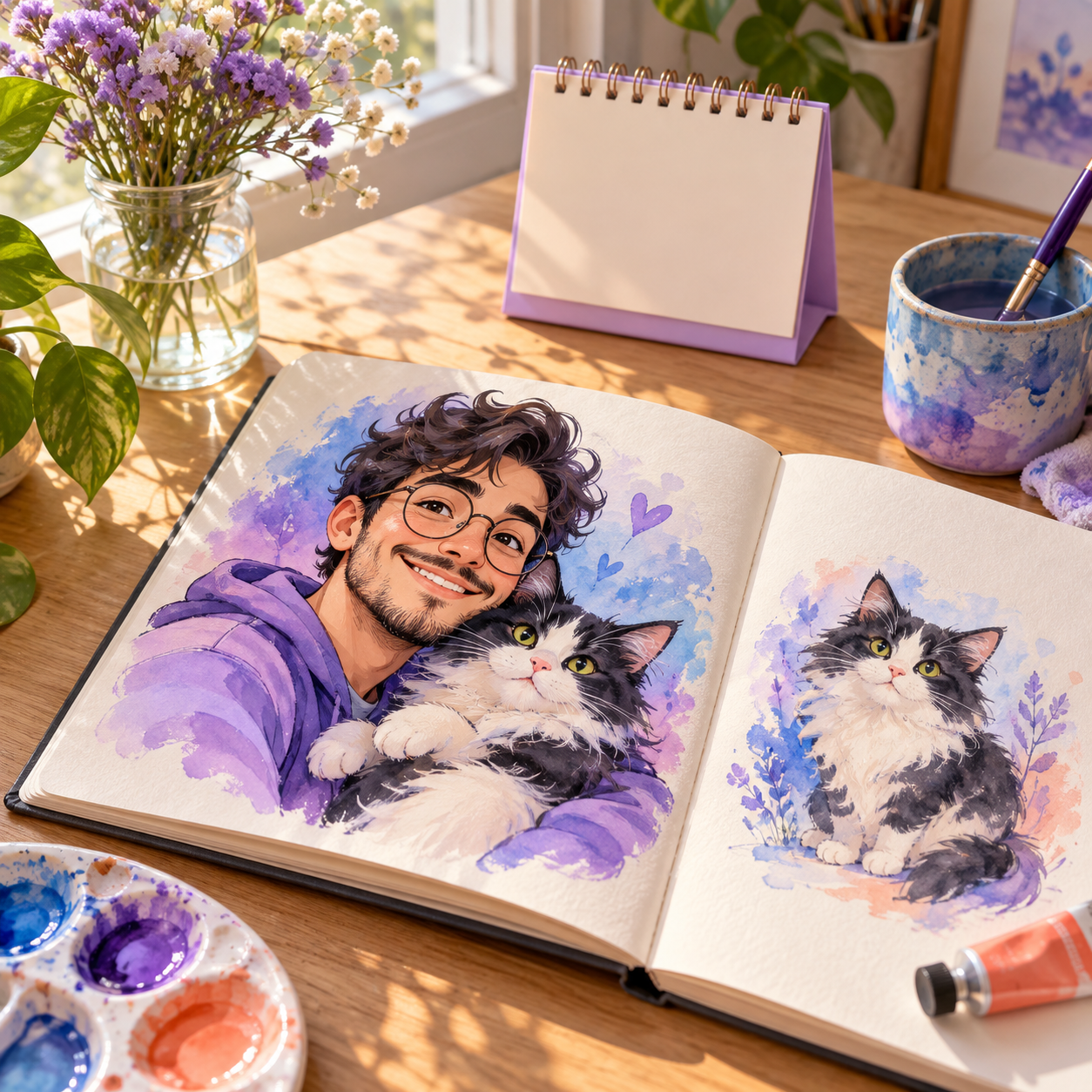 A sunlit creative desk with a cartoon portrait sketchbook, watercolor cat artwork and a lavender calendar